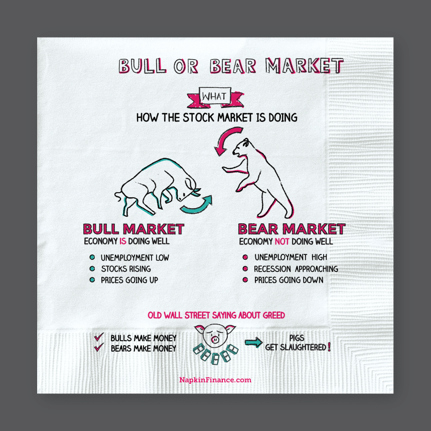 illustrated explanation of a bull or bear market on a paper napkin